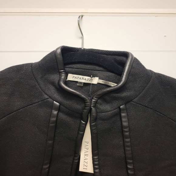 Paparazzi Black Cape L/XL Wool Blend Leather Trim Womens Outerwear Coat Cloak - Picture 11 of 11